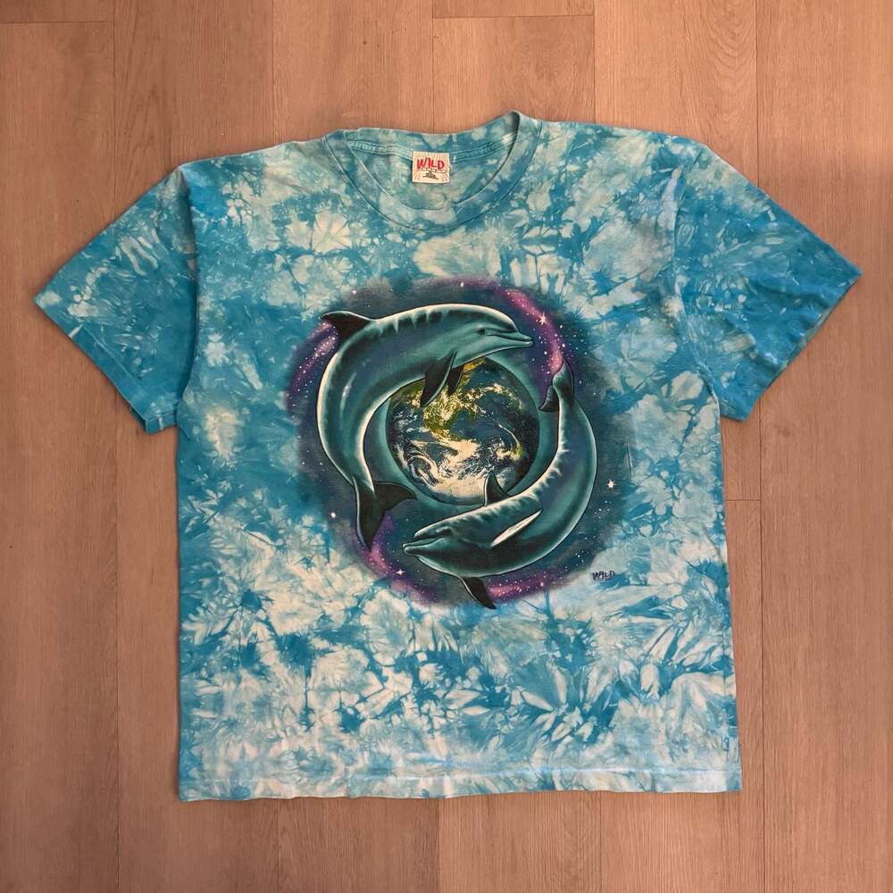 Vintage Wild Gear Dolphin Earth Galaxy Tie Dye T-Shirt USA XL 90s Ocean Tee